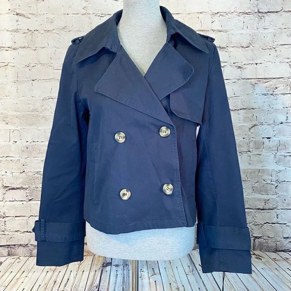 Bagatelle Womens Trench Coat Cropped Stretch Belted Cuff Stretch Blue Medium